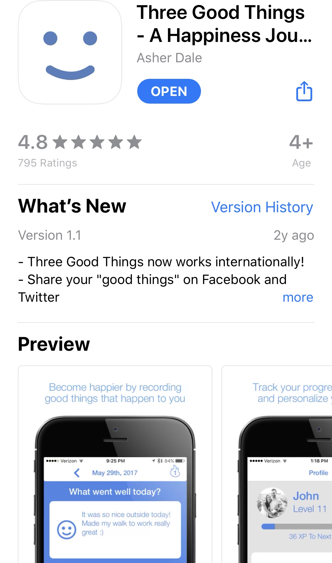 A mobile screenshot of the 3 Good Things App Store listing 