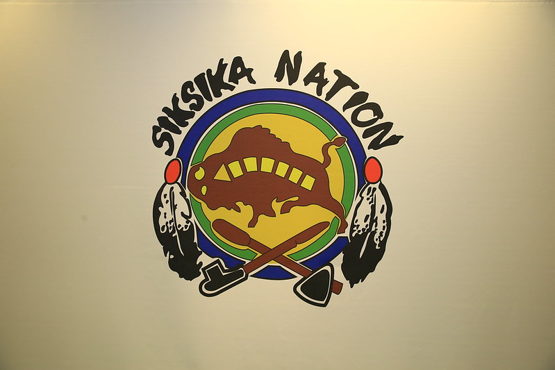 Image of the Siksicka Nation crest, with a stylized buffalo in the center of a circle, two feathers on the left and right side of the circle, and a pipe and hatchet at the bottom of the circle, crossed.  